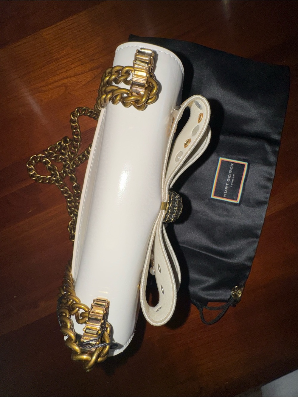 Kurt Geiger London Small Shoreditch Large Bow - NWT embellished Cream Patent - Picture 10 of 12